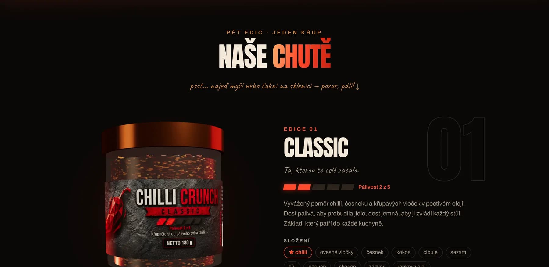 Sekce Naše chutě s 3D sklenicí edice Classic a popisem složení