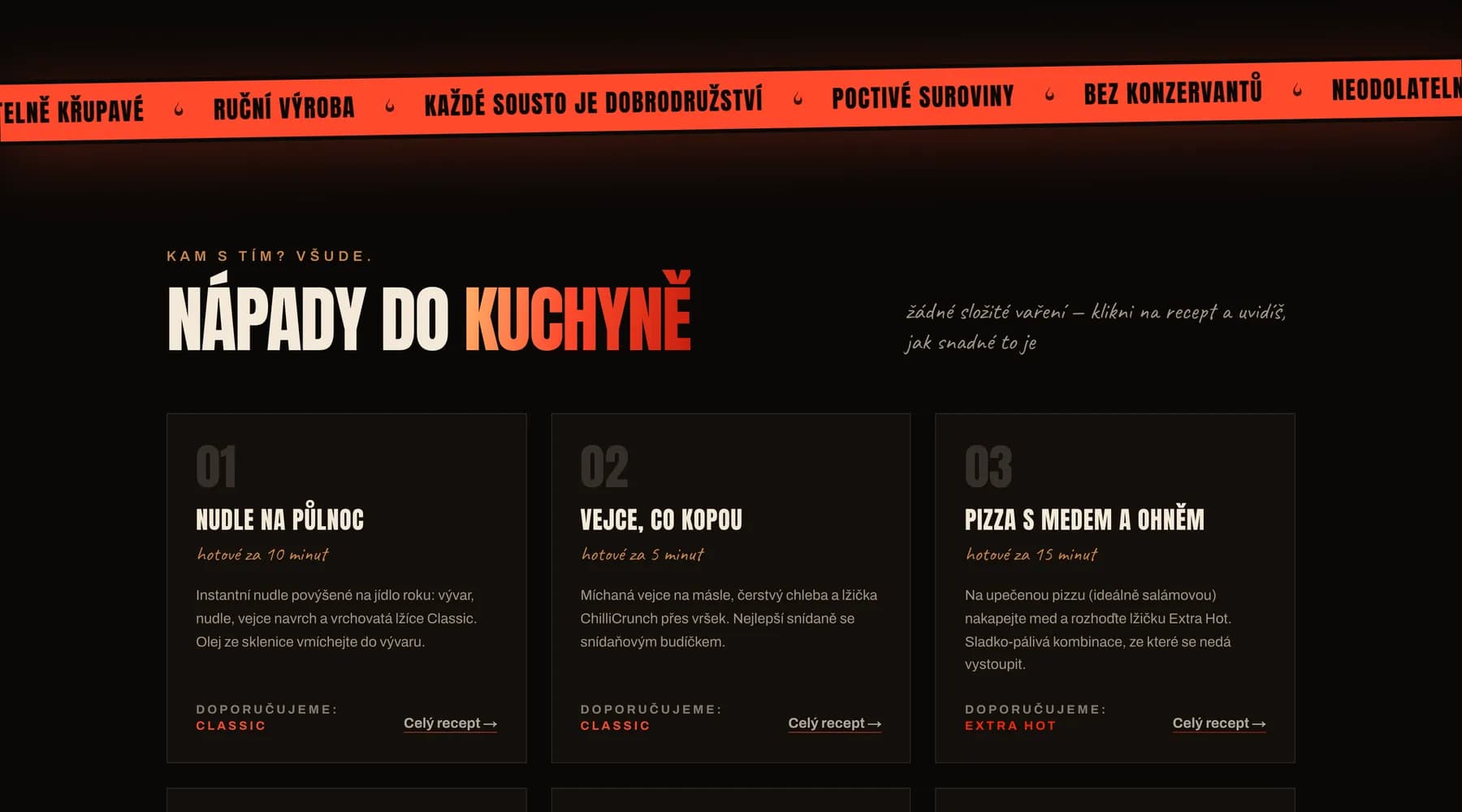 Sekce Nápady do kuchyně s kartami receptů